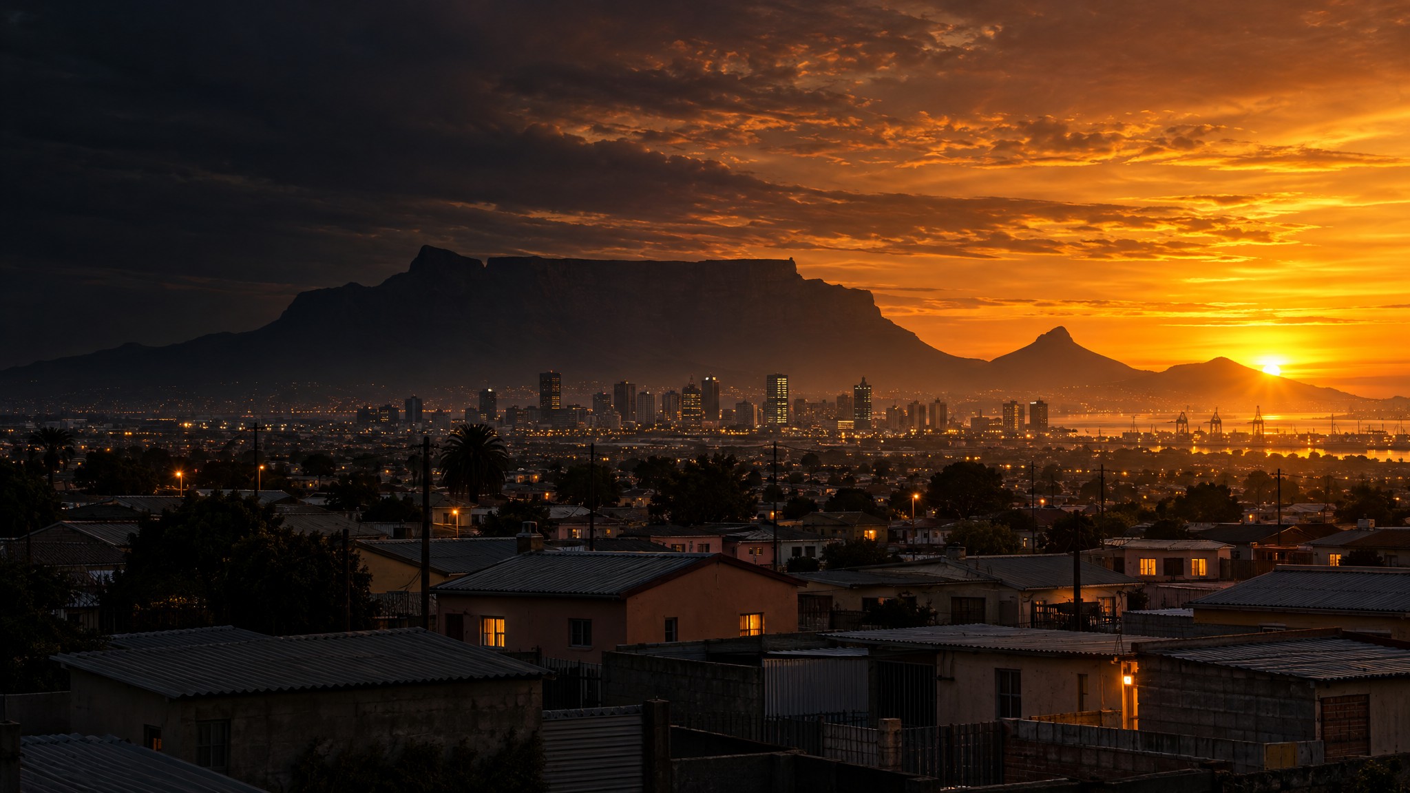Cape Town skyline and Table Mountain at sunset seen from the Cape Flats